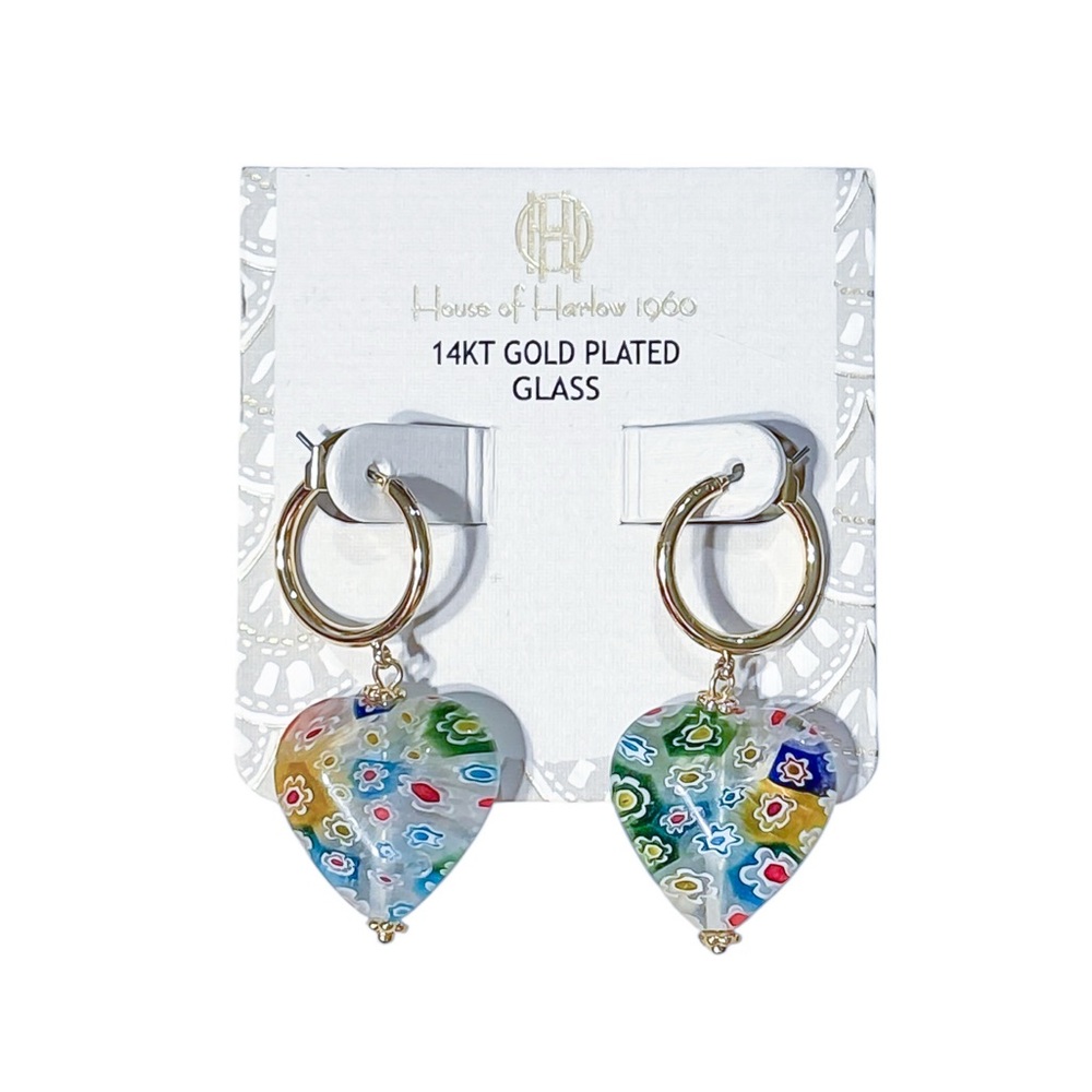 House of Harlow 1960 14KT GP Glass Heart Earrings